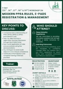 Flyer for PTDI 1-Day Workshop on Advanced PPRA Rules & E-PADS with dates and venues in Islamabad, Lahore, Karachi, and Dubai.